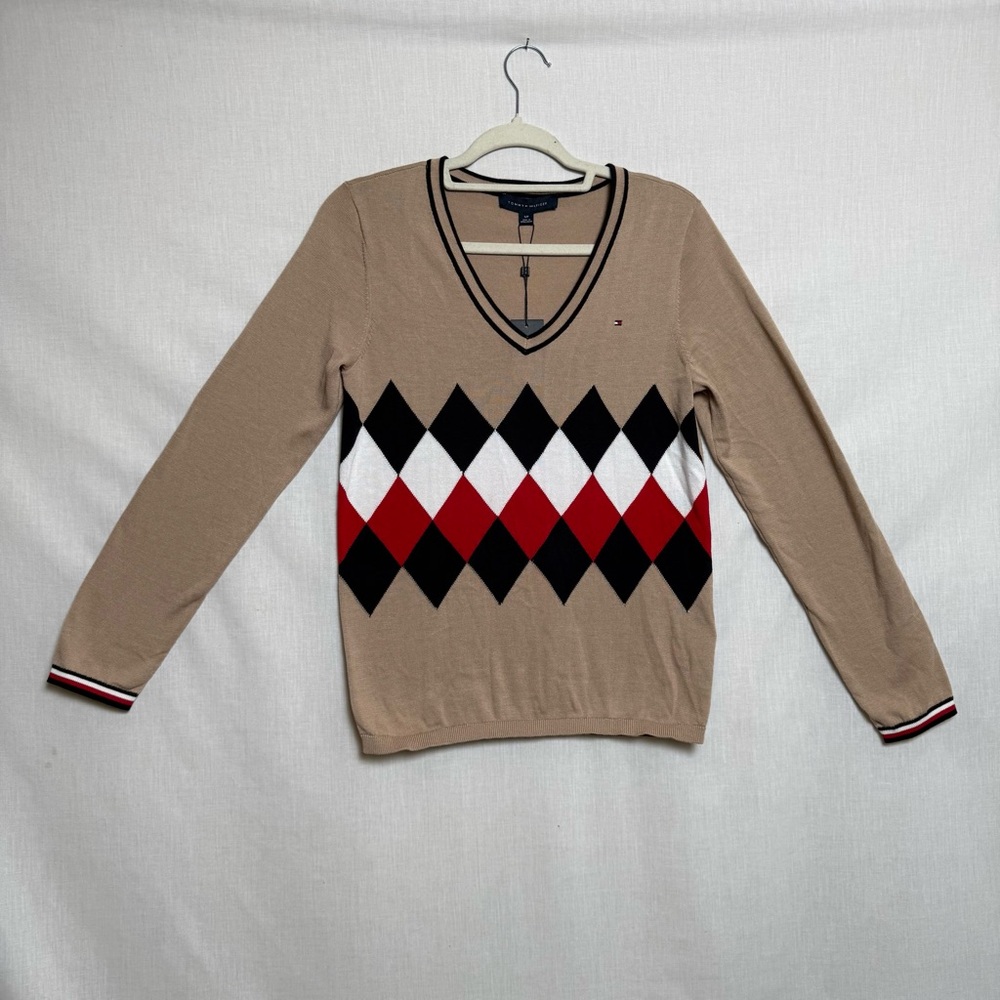 Tommy Hilfiger Argyle V-Neck Cotton Sweater Size Small NWT